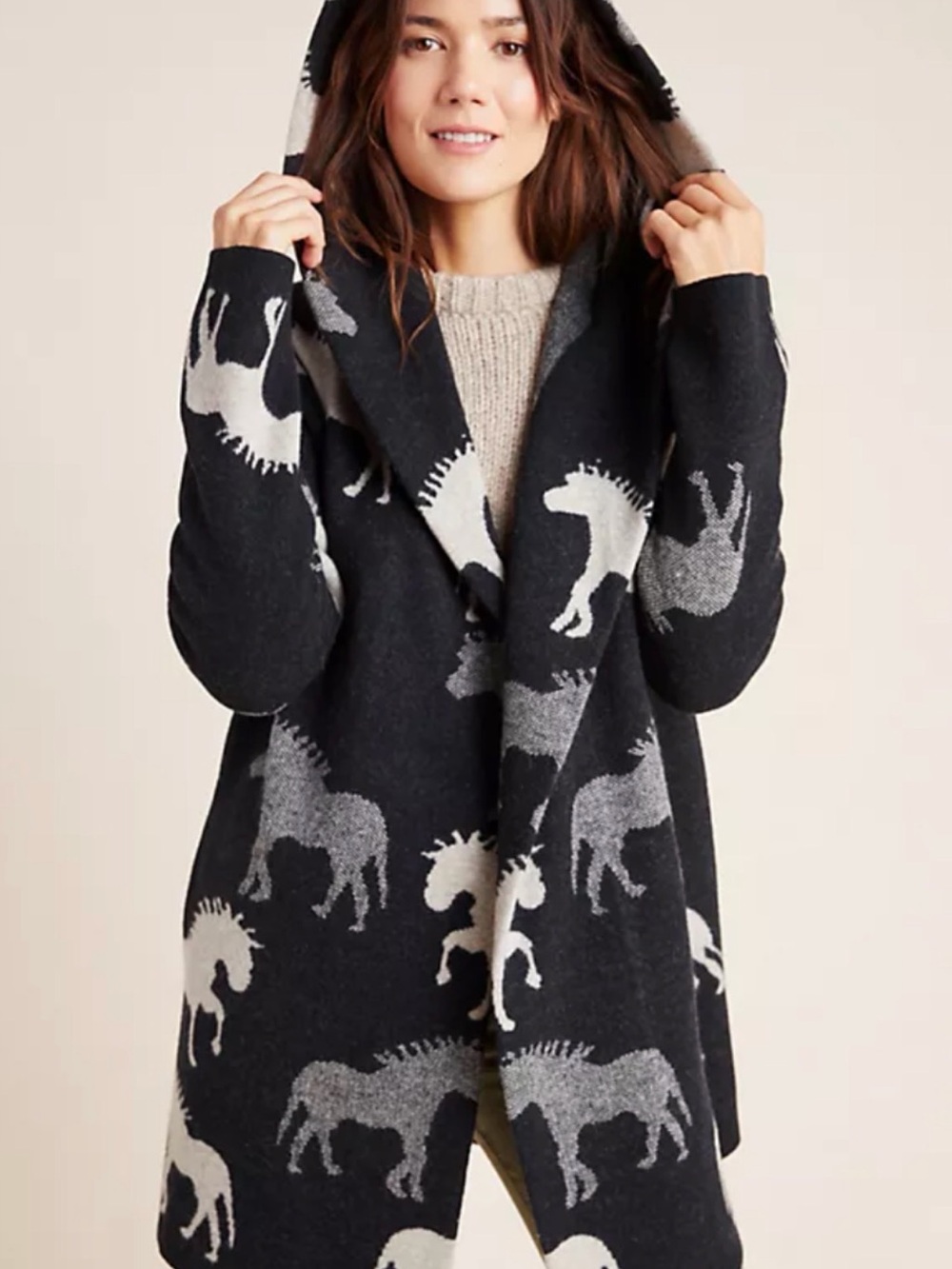 Field Flower Anthropologie Hooded Open-Front Cardigan Horse Motif Black. Size Sm